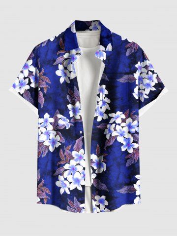 Plus Size Ombre Flower Leaf Print Hawaii Buttons Pocket Shirt For Men - NAVY BLUE - 6XL