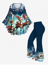 Christmas Tree Elk Snowflake Ombre Print Lattice Long Sleeves T-shirt and Flare Pants Plus Size Matching Set -  