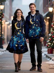 Ensemble assorti grande taille pour couples, imprimé galaxie lune étoile et pompons - Noir 
