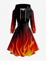 Plus Size Ombre Fire Flame Print Lace Up Hooded A Line Long Sleeves Dress -  
