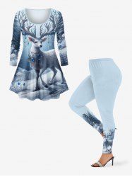 Christmas Elk Flowers Print Plus Size Matching Set -  