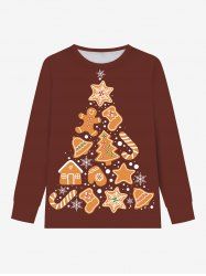 T-shirt à manches longues pour homme grande taille, imprimé sapin de Noël, cloches, pain d'épice, bonbons et flocons de neige - Rouge brique 2XL