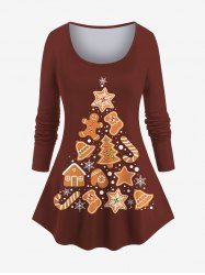 Plus Size Women's Christmas Tree Bell Gingerbread Candy Snowflake Print Long Sleeves T-shirt -  