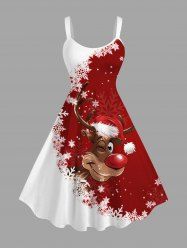 Plus Size Christmas Elk Snowflake Colorblock Print Tank Dress -  
