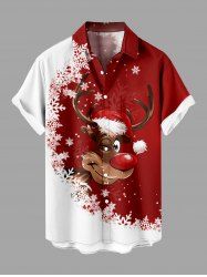 Plus Size Christmas Elk Snowflake Colorblock Print Buttons Pocket Shirt For Men -  