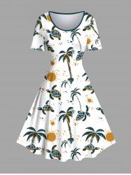 Robe hawaïenne vintage imprimée tortue et cocotiers grande taille - Blanc 5X