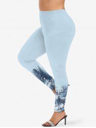 Leggings grande taille à imprimé fleurs et élans de Noël - Bleu Ciel 2X