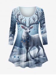T-shirt à manches longues grande taille avec imprimé de fleurs et de cerfs de Noël - Bleu Ciel S