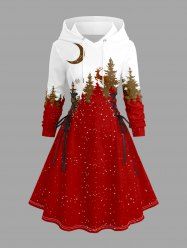 Plus Size Christmas Tree Snowflake Moon Colorblock Print Lace Up Drawstring Hoodie Dress -  