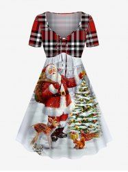Plus Size Christmas Tree Santa Claus Elk Squirrel Plaid Print Cinched Dress -  