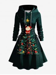 Robe à capuche grande taille avec imprimé sapin de Noël, boules et étoiles, Père Noël et lacets. - Noir 3X