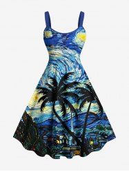 Robe trapèze hawaïenne grande taille à motif galaxie et spirale de cocotier - Bleu Ciel 6X