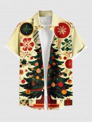 Chemise grande taille homme à boutons et poches, imprimée sapin de Noël, boules lumineuses, flocons de neige et fleurs - Jaune clair 6XL