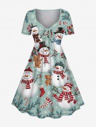 Plus Size Christmas Snowman Teddy Bear Snowflake Candy Print Cinched Dress -  