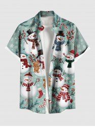 Plus Size Christmas Snowman Teddy Bear Snowflake Candy Print Buttons Pocket Shirt For Men -  