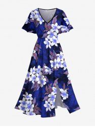 Plus Size Ombre Flower Leaf Print Hawaii Split Pocket A Line Midi Dress -  