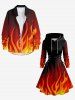 Plus Size Ombre Fire Flame Print Lace Up Hooded A Line Long Sleeves Dress -  