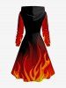 Plus Size Ombre Fire Flame Print Lace Up Hooded A Line Long Sleeves Dress -  