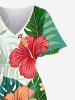 Plus Size Tropical Leaf Hibiscus Flower Print Hawaii Split Pocket A Line Midi Dress -  