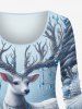 Plus Size Christmas Elk Flowers Print Long Sleeves T-shirt -  