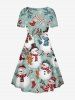 Plus Size Christmas Snowman Teddy Bear Snowflake Candy Print Cinched Dress -  