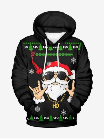 Plus Size Women's Christmas Tree Snowflake Santa Claus Microphone Print Pullover Long Sleeves Hoodie - BLACK - M