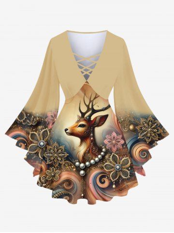 Plus Size Christmas Elk Flowers Waves Print Lattice Crisscross Flare Sleeves T-shirt - APRICOT - M