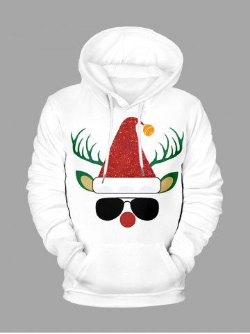 Plus Size Christmas Elk Sunglasses Print Pocket Drawstring Hoodie For Men - WHITE - M
