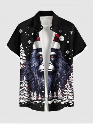 Plus Size Christmas Tree Snowflake Hat Gorilla Print Button Pocket Shirt For Men - BLACK - 4XL