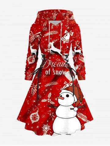 Plus Size Christmas Ball Elk Candy Snowman Print Lace Up Hooded A Line Dress - RED - XS
