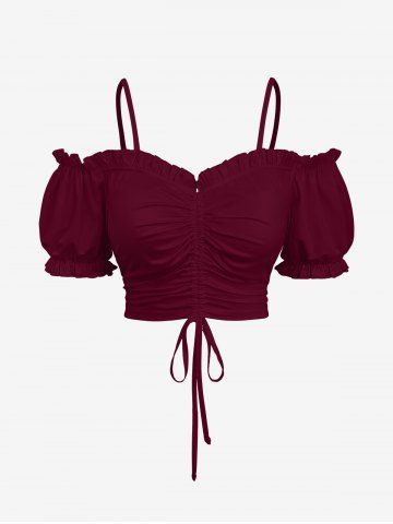 Plus Size Cold Shoulder Puff Sleeves Cinched Solid Top - RED WINE - 4X