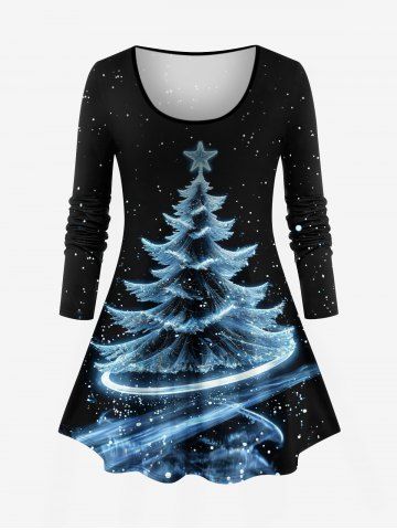 Plus Size Women's Christmas Tree Galaxy Print Long Sleeves T-shirt - BLACK - M