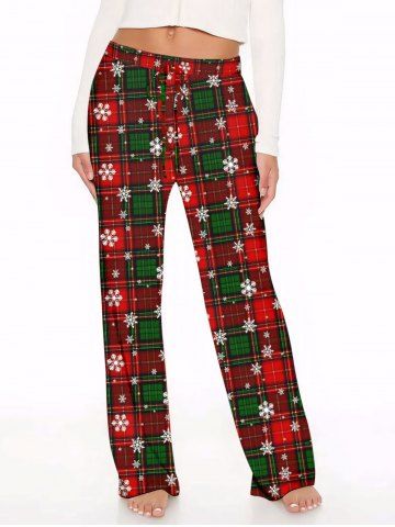 Plus Size Women's Christmas Plaid Snowflake Print Drawstring Wide Leg Pants - RED - 1X