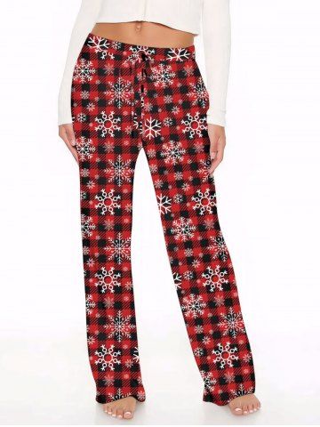 Plus Size Women's Christmas Plaid Snowflake Print Drawstring Wide Leg Pants - RED - 5X