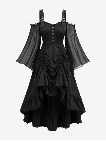 Plus Size Cold Shoulder Hook and Eye Layered Cinched High Low Asymmetric Dress - BLACK - 3X | US 22-24