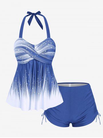 Plus Size Halter Backless Empire Waist Modest Boyshorts Tankini Swimsuit - SKY BLUE - L