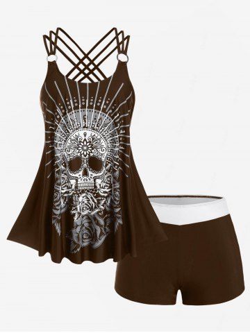 Plus Size Modest Skull Rose Print Rings Crisscross Boyshorts Tankini Swimsuit - CARAMEL COLOR - M | US 10