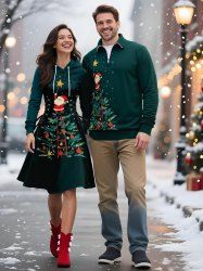 Ensemble assorti grande taille pour couples, motif sapin de Noël, boule et étoile, Père Noël - Noir 
