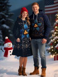 Christmas Holly Fruit Leaf Star Tassel Print Plus Size Matching Outfit For Couples -  
