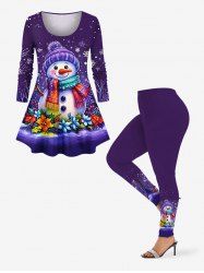 Christmas Snowflake Snowman Colorful Flower Print Long Sleeves T-shirt and Leggings Plus Size Matching Set -  