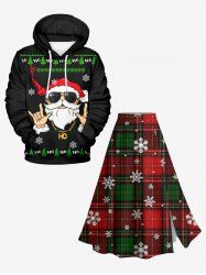 Christmas Tree Snowflake Santa Claus Microphone Print Pullover Hoodie and Skirt Plus Size Matching Set -  