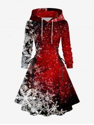 Robe trapèze à capuche lacée et imprimé flocons de neige ombrés grande taille - Rouge 2X