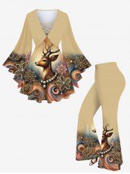 Christmas Elk Flowers Waves Print Plus Size Matching Set -  