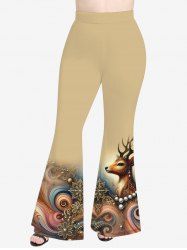 Plus Size Christmas Elk Flowers Waves Print Flare Pants -  