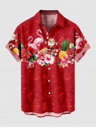 Plus Size Christmas Flamingo Santa Claus Pineapple Flowers Print Buttons Pocket Shirt For Men -  