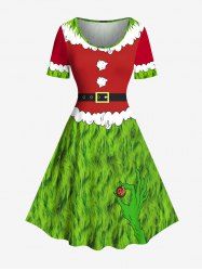 Plus Size Christmas Elf Claws Santa Claus Costume Print Vintage Dress -  