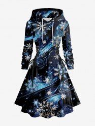 Plus Size Christmas Snowflake Galaxy Swirl Print Lace Up Drawstring Hoodie Dress -  