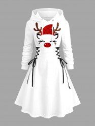 Plus Size Christmas Elk Sunglasses Print Lace Up Drawstring Hoodie Dress -  