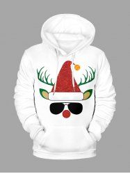 Plus Size Christmas Elk Sunglasses Print Pocket Drawstring Hoodie For Men -  