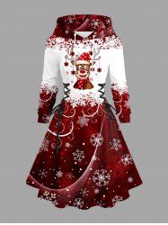Robe à capuche grande taille avec imprimé de flocons de neige et de renne de Noël, lacée et à cordon de serrage - Rouge 1X